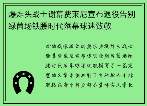 爆炸头战士谢幕费莱尼宣布退役告别绿茵场铁腰时代落幕球迷致敬